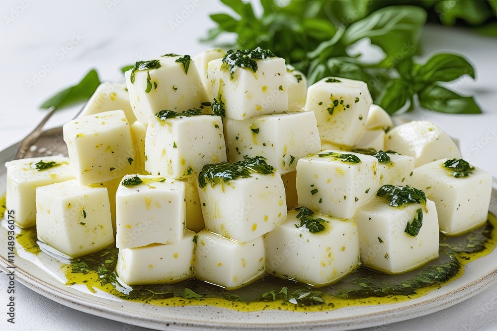 Mozzarella Cheese Cubes Topped with Herb Sauce on White Background Mozzarella Cheese Cubes Topped with Herb Sauce on White Background
