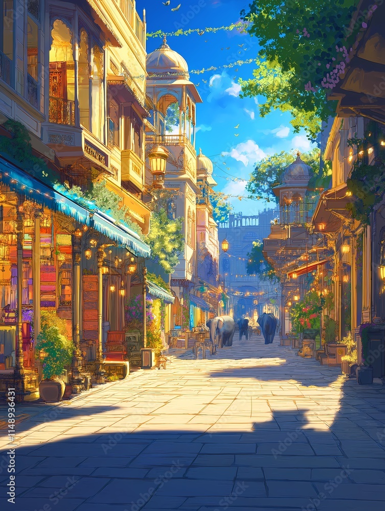 Obraz premium Sun-Drenched Arabian Alleyway: A vibrant digital painting of a sunlit alleyway in an Arabian city, showcasing intricate architecture, lush greenery, and the warm glow of a sunny day.