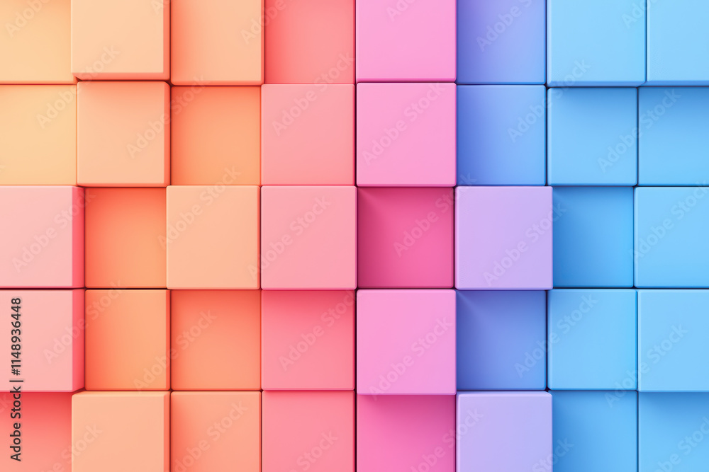 Colorful interconnected cubes create vibrant pastel gradient, showcasing blend of orange, pink, and blue hues Colorful interconnected cubes create vibrant pastel gradient, showcasing blend of orange, pink, and blue hues