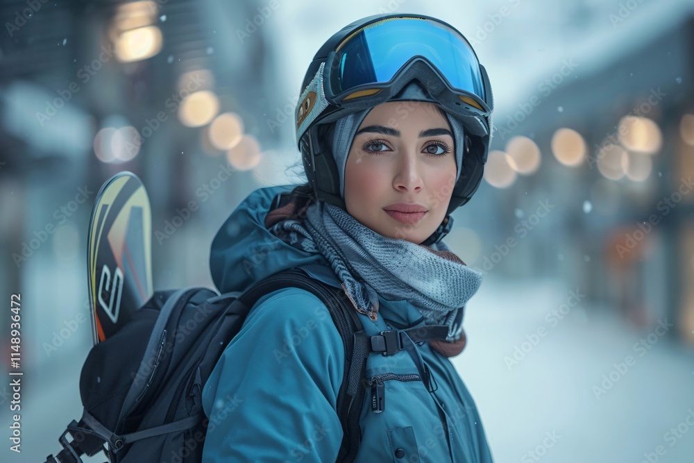 A woman with a snowboard and helmet stands ready for a snowboarding trip. Dressed warmly for the cold weather, she exudes confidence amidst a snowy mountain backdrop A woman with a snowboard and helmet stands ready for a snowboarding trip. Dressed warmly for the cold weather, she exudes confidence amidst a snowy mountain backdrop