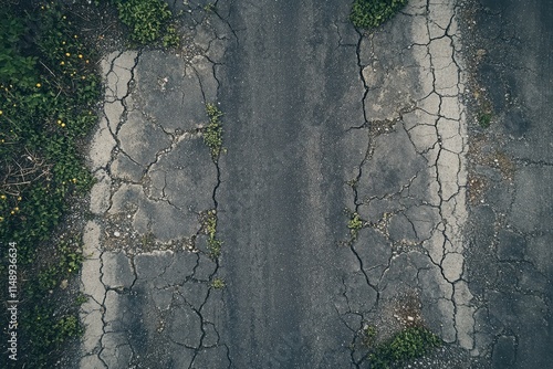 overhead perspective of cracked asphalt road texture photo