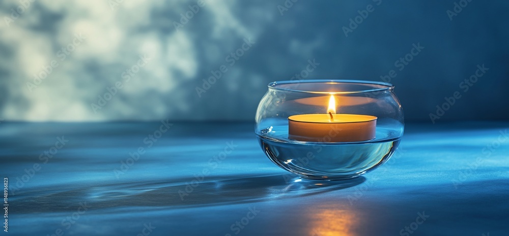 A lit candle in a glass bowl, creating a serene and calming atmosphere. A lit candle in a glass bowl, creating a serene and calming atmosphere.