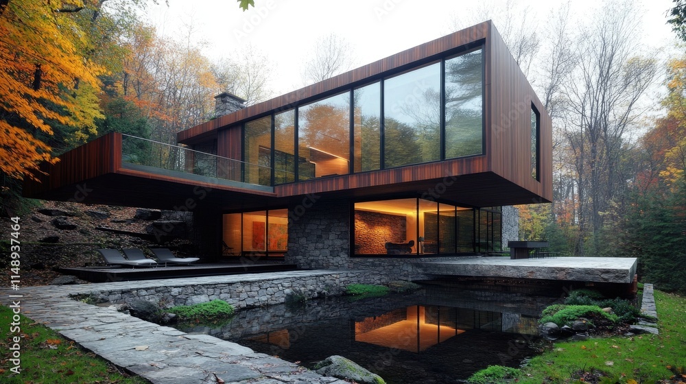 Fototapeta premium Modern Architectural Design of a Sleek House Surrounded by Autumn Foliage and Reflecting Pool in a Tranquil Natural Setting