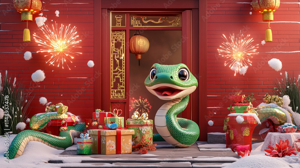 Fototapeta premium Festive cartoon snake celebrating chinese new year with fireworks and gifts