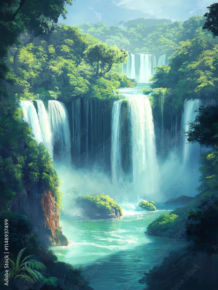 Naklejka premium Serene Waterfall Paradise: Lush greenery embraces a majestic waterfall cascading into a tranquil pool, creating a breathtaking haven of natural beauty. 