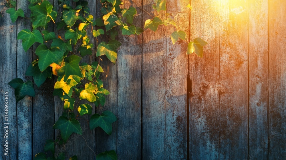 Ivy Leaves Climbing on Rustic Wooden Fence with Warm Sunlight Glow Ivy Leaves Climbing on Rustic Wooden Fence with Warm Sunlight Glow