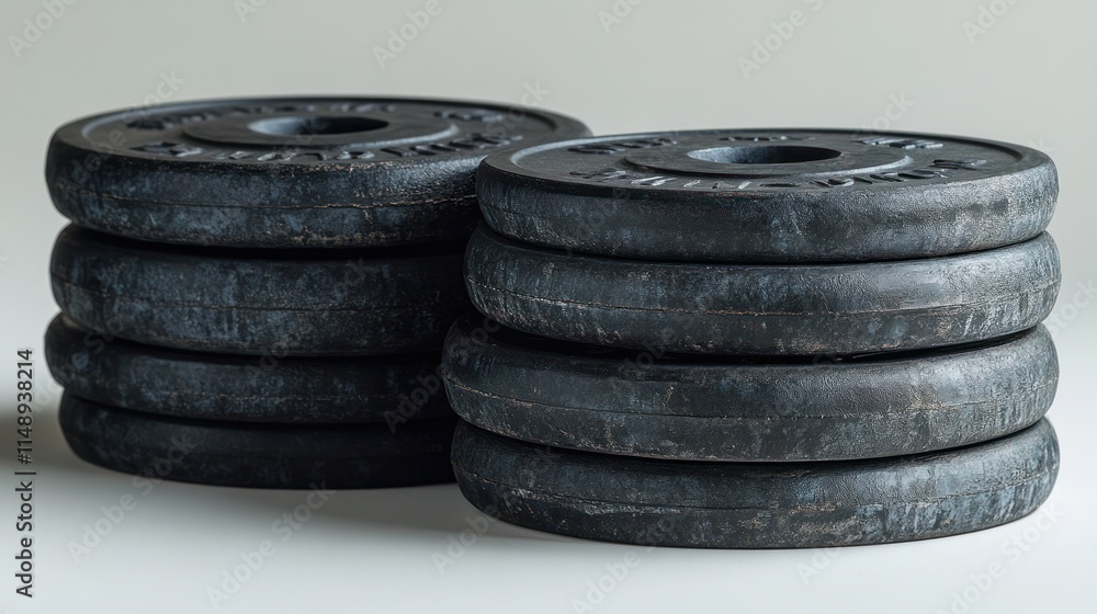 Two stacks of dark gray weight plates for fitness training. Two stacks of dark gray weight plates for fitness training.