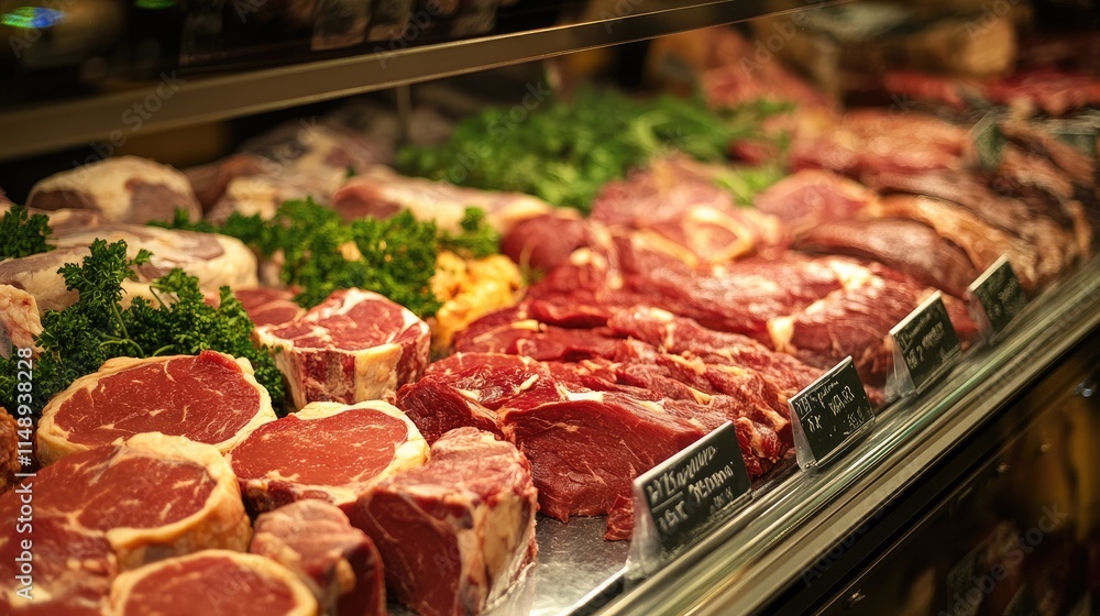 Fresh Cuts of Meat Displayed in a High-End Butcher Shop with Various Cuts, Colors, and Fresh Green Garnishes, Showcasing Quality and Gourmet Selection for Culinary Enthusiasts Fresh Cuts of Meat Displayed in a High-End Butcher Shop with Various Cuts, Colors, and Fresh Green Garnishes, Showcasing Quality and Gourmet Selection for Culinary Enthusiasts