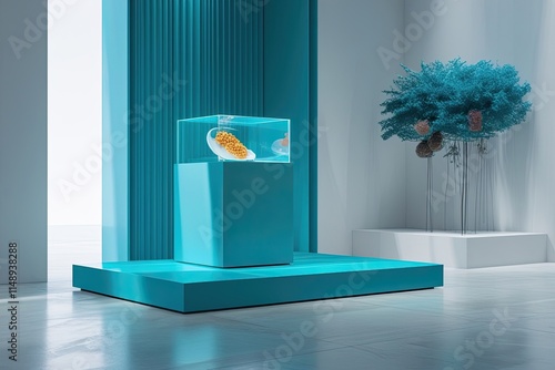 Elevated Cyan Showcase Podium in a Clean 3D Environment for Distinct Product Display photo