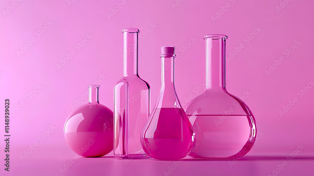 Vibrant pink glass bottles with various shapes against solid pink background Vibrant pink glass bottles with various shapes against solid pink background