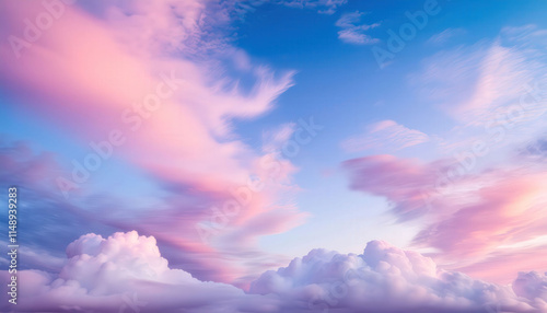 A dreamy pastel cloudscape background featuring soft pink, lavender, and blue hues blending together, creating a serene and calming atmosphere, perfect for whimsical designs.