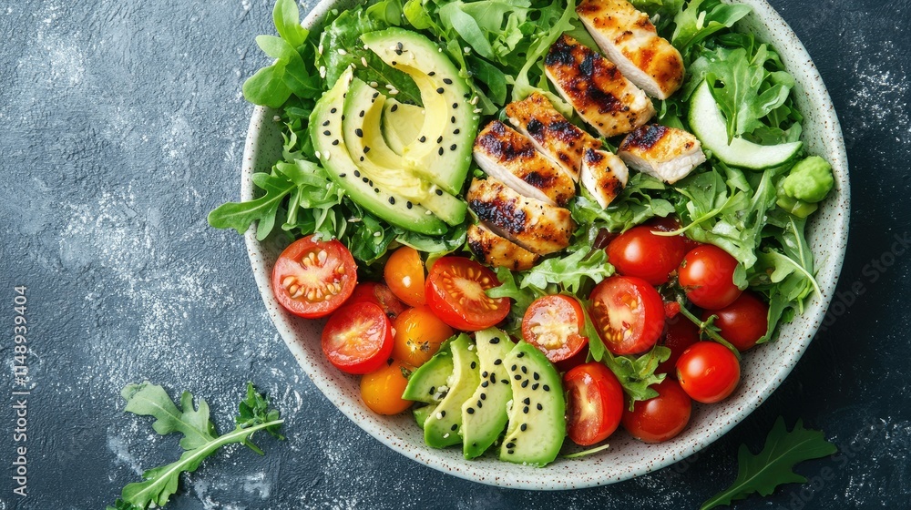 Fresh and Healthy Grilled Chicken Salad with Avocado and Cherry Tomatoes on a Stone Background Offering a Nutrient-Rich Lifestyle Choice for Food Enthusiasts Fresh and Healthy Grilled Chicken Salad with Avocado and Cherry Tomatoes on a Stone Background Offering a Nutrient-Rich Lifestyle Choice for Food Enthusiasts