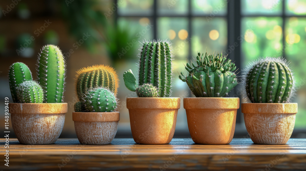 Variety of cacti in terra cotta pots on wooden table with sunlit background Variety of cacti in terra cotta pots on wooden table with sunlit background