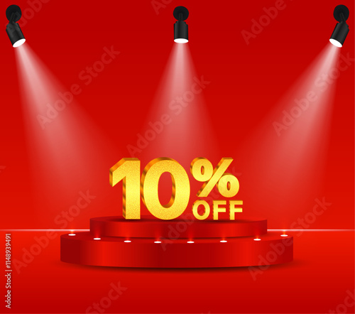 10% discount on gold. 3D golden numbers. Podium with red background and reflective lights.