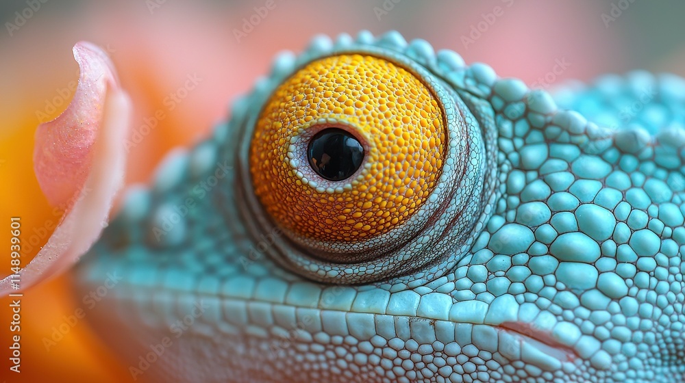 Fototapeta premium Close-up of a blue and yellow chameleon with an orange flower in the foreground and another orange flower in the background