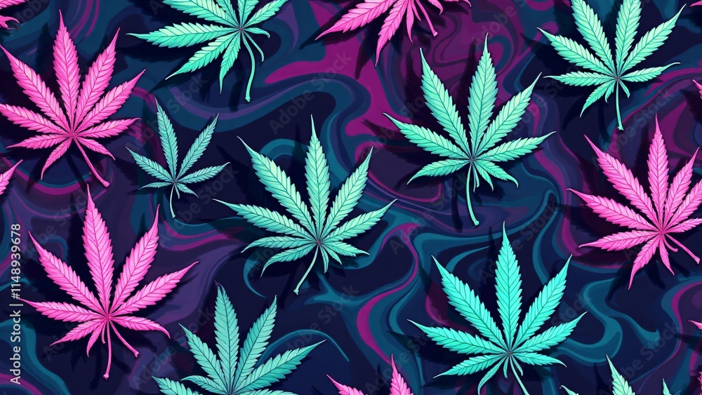 Psychedelic marijuana pattern with vibrant neon swirls and detailed glowing leaves. Electric pink, blue, and green tones evoke energy and visual dynamism Psychedelic marijuana pattern with vibrant neon swirls and detailed glowing leaves. Electric pink, blue, and green tones evoke energy and visual dynamism