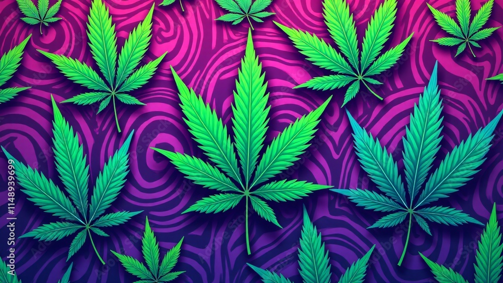Fototapeta premium Psychedelic marijuana pattern with vibrant neon swirls and detailed glowing leaves. Electric pink, blue, and green tones evoke energy and visual dynamism