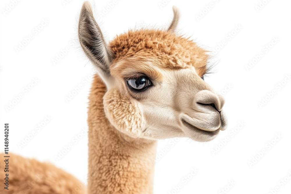 Obraz premium Profile of a medium fawn alpaca gazing at the camera on white background