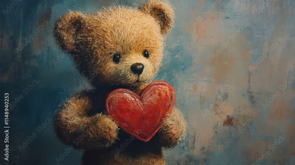 Adorable teddy bear holding a red heart in a soft and warm color palette, perfect for conveying love, affection, and comfort in artistic representations.