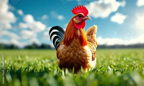 Vibrant Rooster Strutting in a Lush Green Field Under Blue Sky