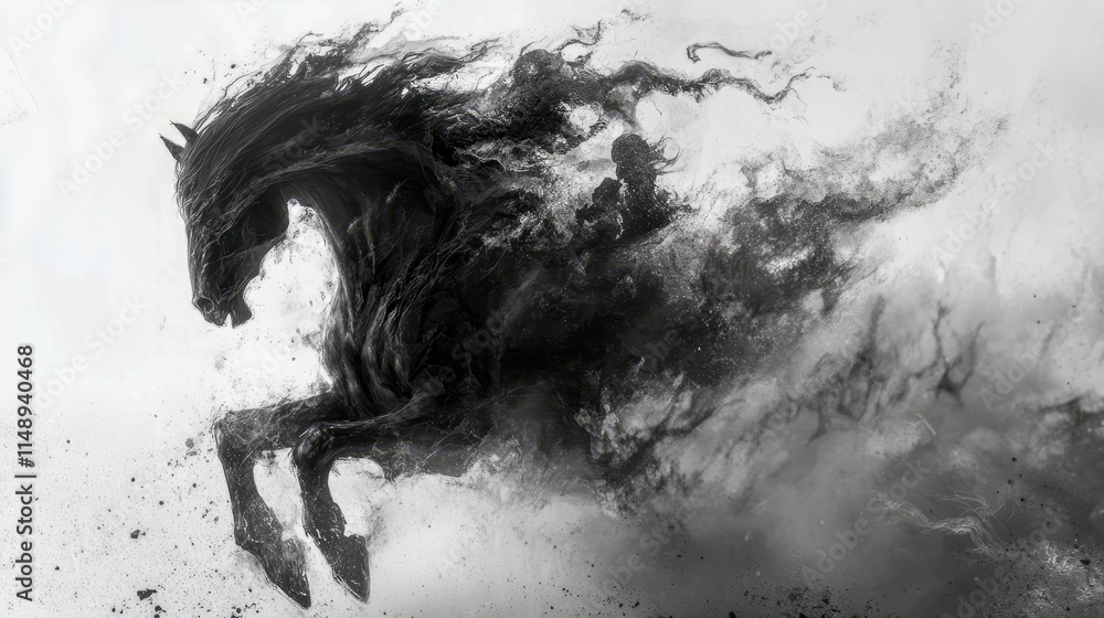 Fototapeta premium Dynamic black horse art with flowing abstract elements