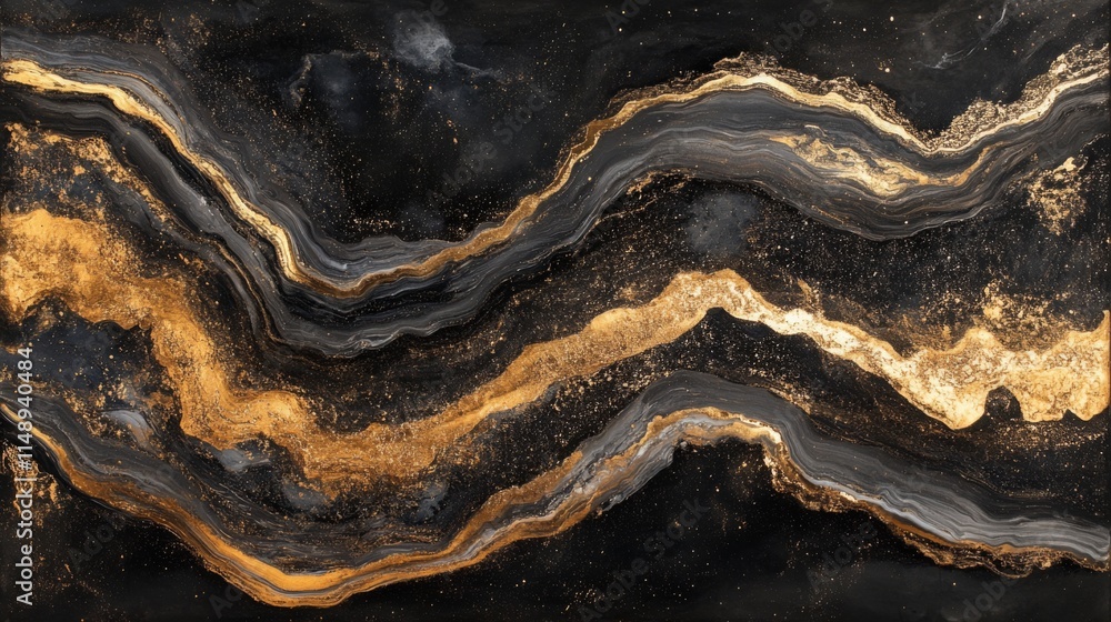 Obraz premium Abstract Gold and Black Swirling Fluid Art Painting