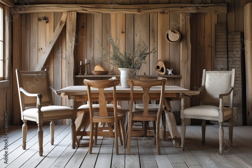 Wallpaper Mural Rustic Interior Furniture Featuring Chairs and Tables on Natural Wood Backdrop Torontodigital.ca