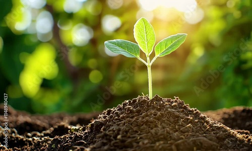 Fresh Green Plant Sprouting from Rich Dark Soil in Sunlight