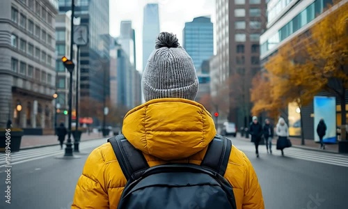 Person in Yellow Jacket Walking through Urban City Streets