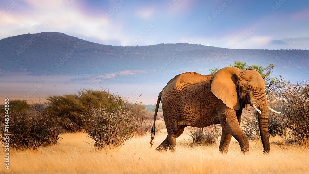Fototapeta premium An African Bush Elephant standing majestically in the savanna