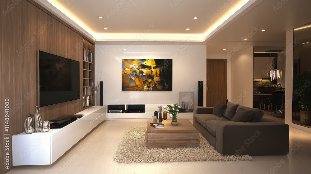 Modern Living Room Interior Design with Cozy Neutral Tones, Elegant Artwork, and Stylish Furniture in Contemporary Home Environment Modern Living Room Interior Design with Cozy Neutral Tones, Elegant Artwork, and Stylish Furniture in Contemporary Home Environment