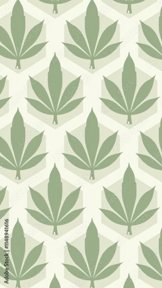 Modern geometric cannabis pattern with stylized leaves in emerald and white, arranged in hexagons on a taupe background. Sleek, minimalist, and contemporary Modern geometric cannabis pattern with stylized leaves in emerald and white, arranged in hexagons on a taupe background. Sleek, minimalist, and contemporary