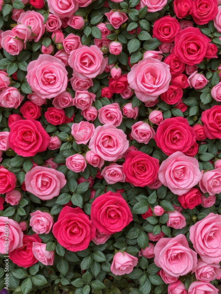 Vibrant pink and red roses create a lush floral wall backdrop, valentines, love, detail Vibrant pink and red roses create a lush floral wall backdrop, valentines, love, detail