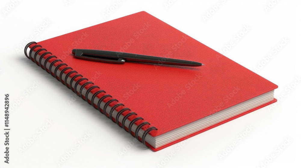 3D red spiral notebook with a pen on a white background 3D red spiral notebook with a pen on a white background