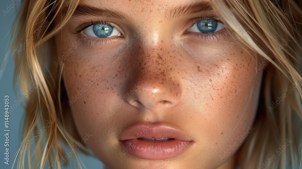 Close-up portrait of individual with striking blue eyes and freckles showcasing natural beauty and detailed facial features under soft lighting conditions Close-up portrait of individual with striking blue eyes and freckles showcasing natural beauty and detailed facial features under soft lighting conditions