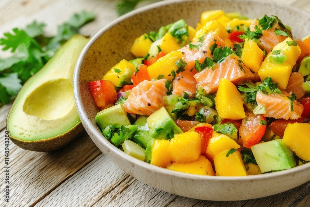 Salmon ceviche topped with avocado orange and mango salsa on a pale wood surface Salmon ceviche topped with avocado orange and mango salsa on a pale wood surface