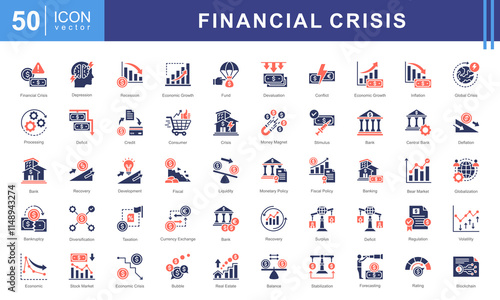 Economy Crisis icon collection set. Containing depressions, economic downturn, financial meltdown, stock marker cash, recession, credit crunch, default, trade war icon. Simple vectors illustration.