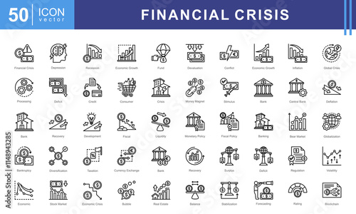 Economy Crisis icon collection set. Containing depressions, economic downturn, financial meltdown, stock marker cash, recession, credit crunch, default, trade war icon. Simple vectors illustration.