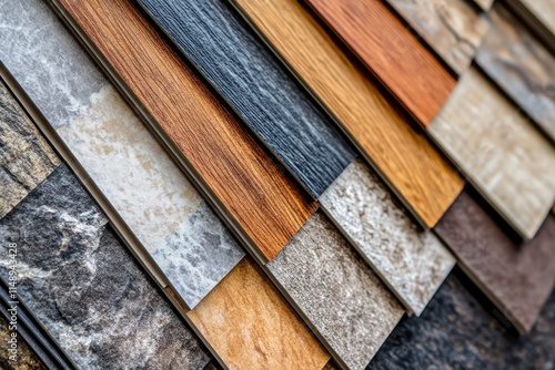 Samples of multi colored chestnut and oak stone composite vinyl tiles Detailed view of wooden flooring material