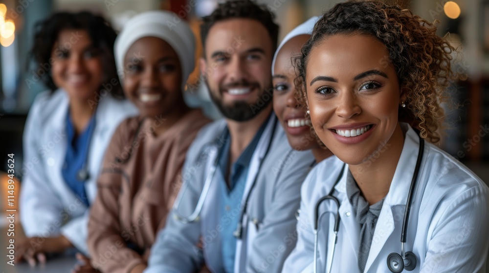 A diverse group of happy medical professionals smiling warmly while in a well-lit healthcare setting, showcasing unity and collaboration in a modern hospital environment A diverse group of happy medical professionals smiling warmly while in a well-lit healthcare setting, showcasing unity and collaboration in a modern hospital environment