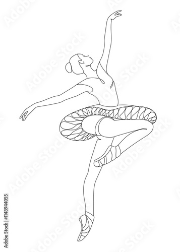 Vector illustration depicts a ballerina in a poised, dynamic pose, wearing a detailed tutu and standing on pointe. It emphasizes elegance, balance, and the fluidity of classical ballet.