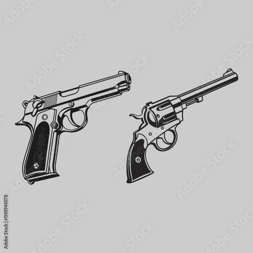 military hand gun line art silhouette vector design art and illustration