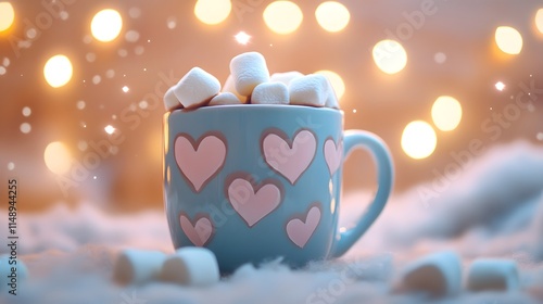 A cozy blue mug adorned with pink hearts, filled with fluffy marshmallows, surrounded by soft textures and twinkling bokeh lights, perfect for warm winter evenings.