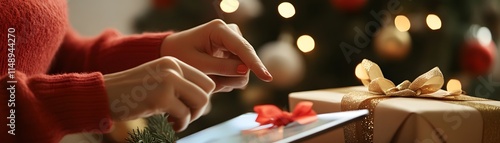 Wallpaper Mural A cozy scene captures the joyful moments of gift wrapping during the holiday season. Hands delicately tie ribbons on beautifully wrapped presents, surrounded by festive decor. Torontodigital.ca