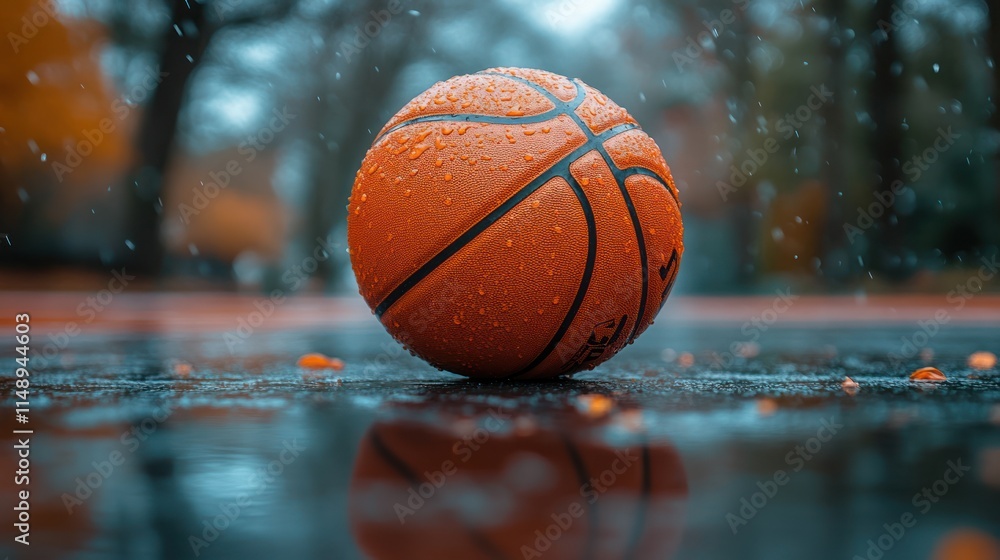 Wet basketball on a rain-soaked court reflecting in a puddle. Wet basketball on a rain-soaked court reflecting in a puddle.