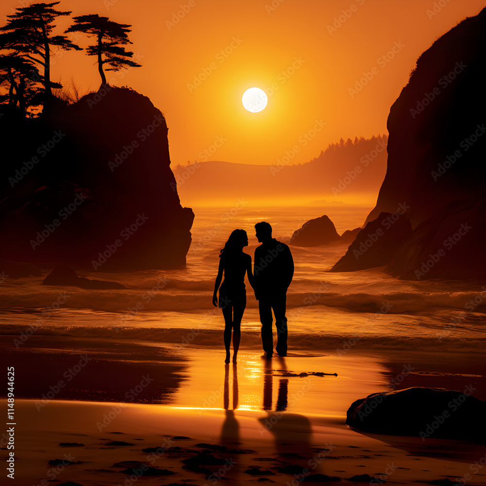 Silhouettes of A Loving Couple Embracing Under an Enchanting Sunset on a Serene Beach Silhouettes of A Loving Couple Embracing Under an Enchanting Sunset on a Serene Beach