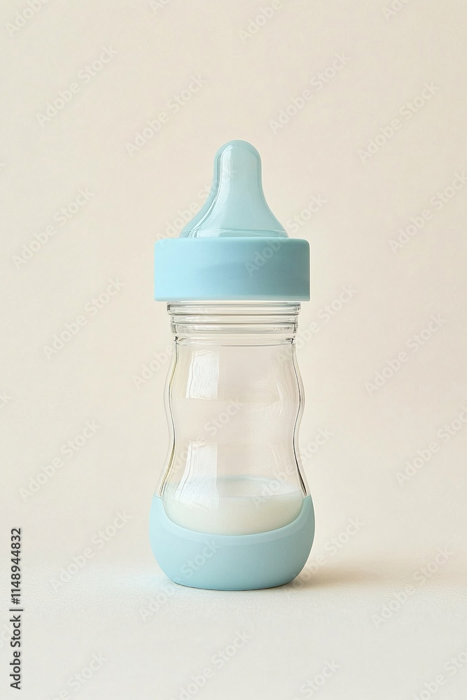 A clean and minimalist baby bottle with milk and a blue top against a neutral backdrop A clean and minimalist baby bottle with milk and a blue top against a neutral backdrop