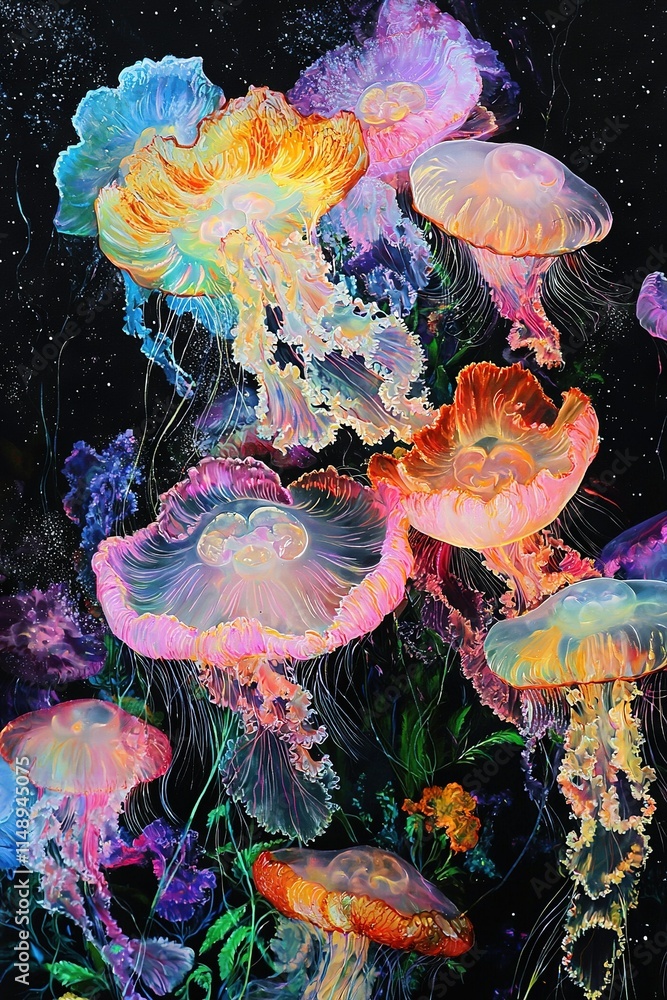 Obraz premium A painting of a group of jellyfish drifting in the sky, surrounded by twinkling stars in the background