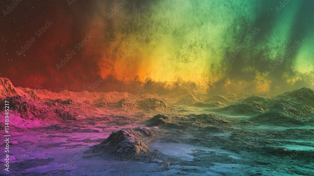 Fototapeta premium Vibrant Alien Landscape with Colorful Aurora and Bizarre Terrain