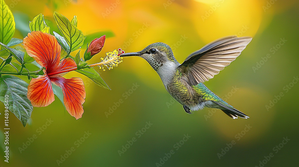 Naklejka premium A Hummingbird Feeding on a Flower in Front of a Green and Yellow Background